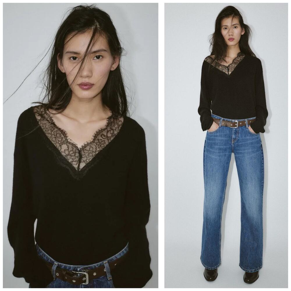 NWT Zara Black Lace Wool Blend Sweater Size Large Lightweight Pullover 5755/125